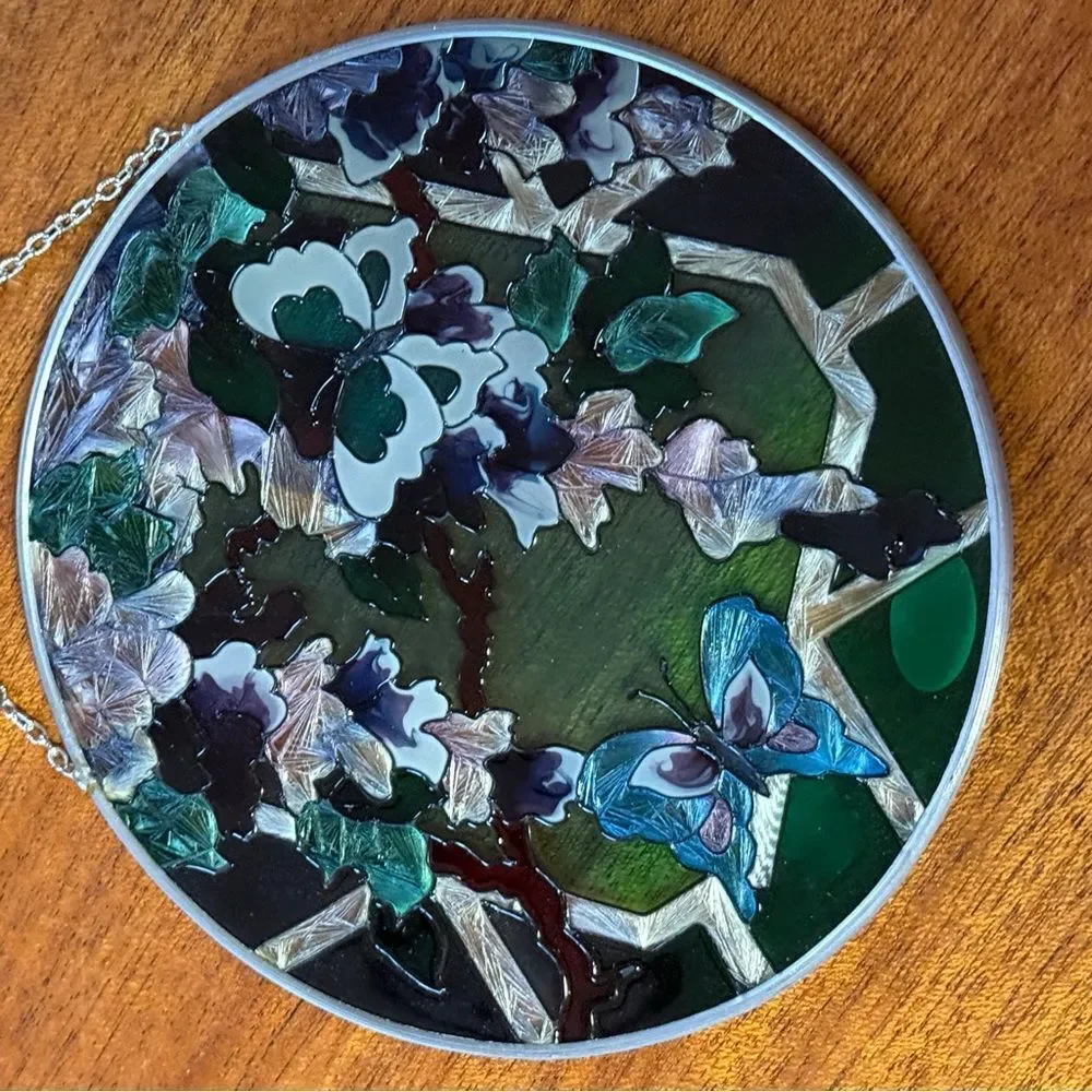 NIB Joan Baker Designs Hand Painted Stained Glass Suncatcher Butterfly Flowers